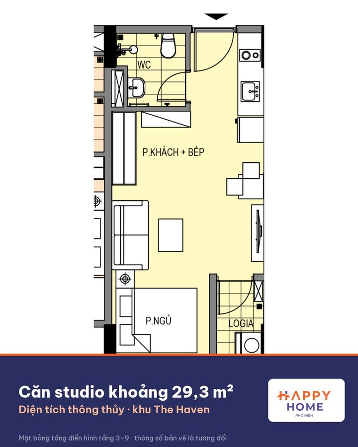 Mặt bằng căn studio khoảng 29,3 m²