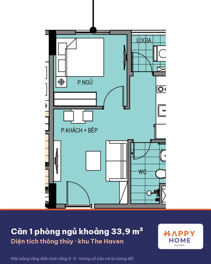 Mặt bằng căn 1 phòng ngủ khoảng 33,9 m²