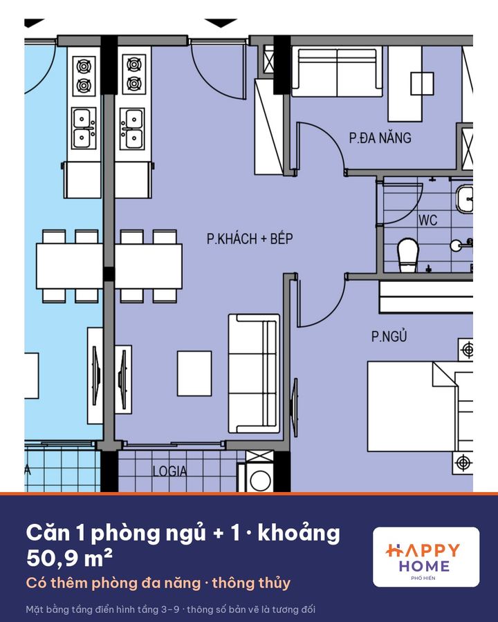 Mặt bằng căn 1 phòng ngủ + 1 khoảng 50,9 m²