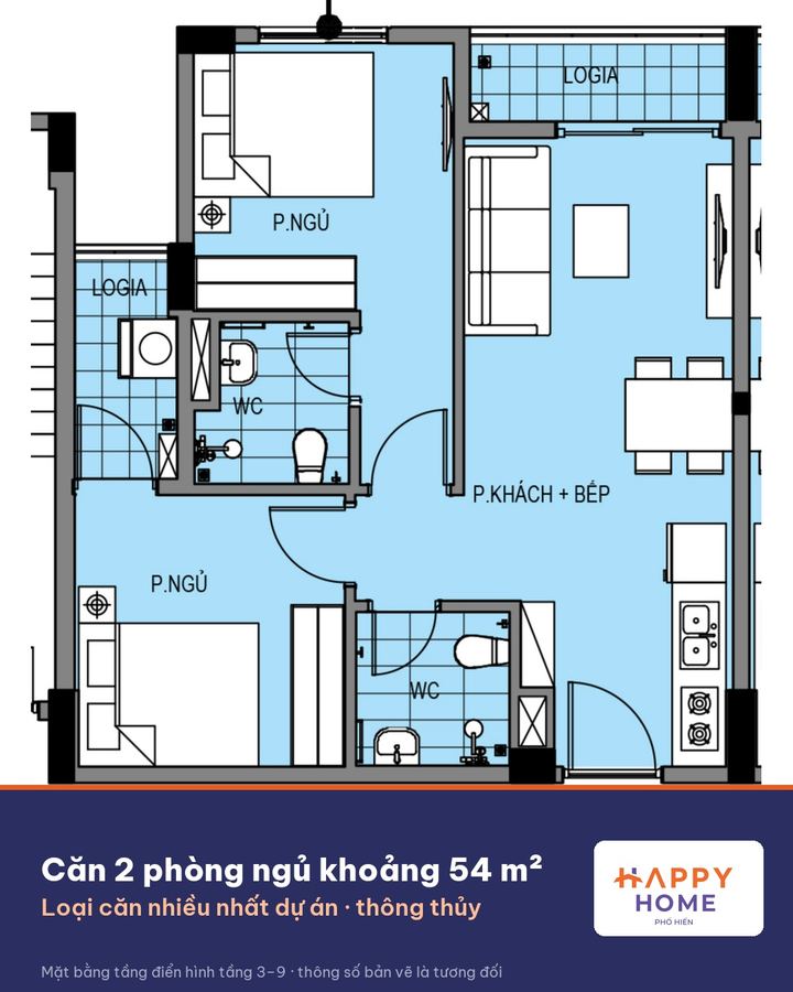 Mặt bằng căn 2 phòng ngủ khoảng 54 m²