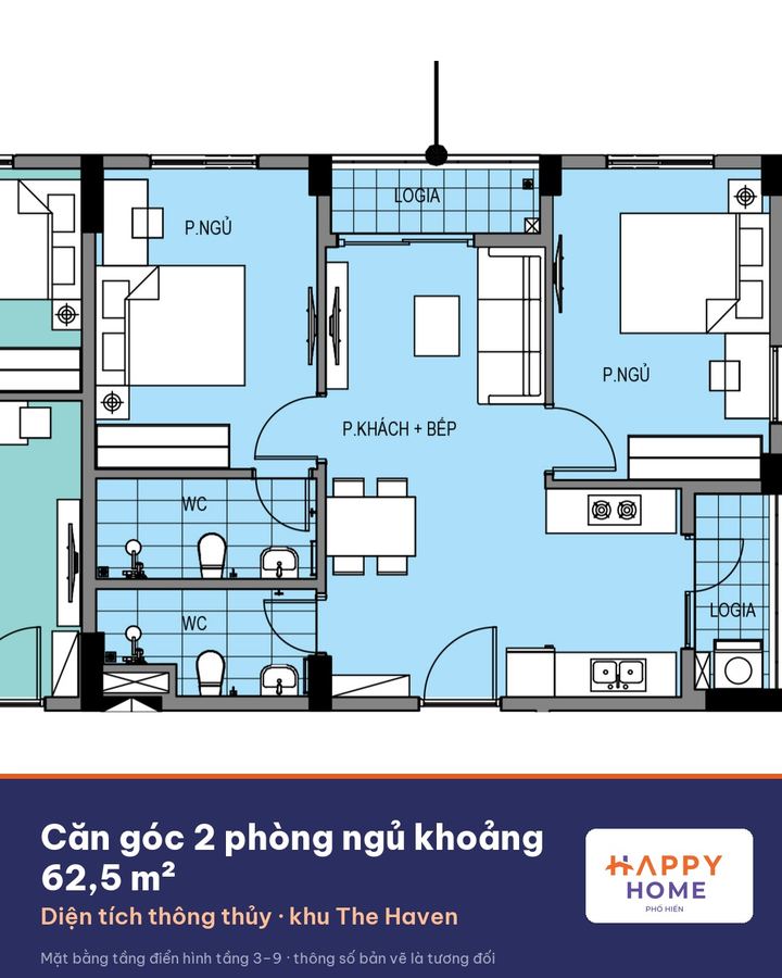 Mặt bằng căn góc 2 phòng ngủ khoảng 62,5 m²