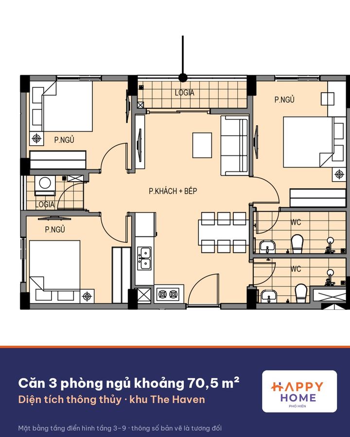 Mặt bằng căn 3 phòng ngủ khoảng 70,5 m²